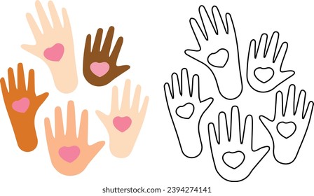 Many colored human hands with heart shape illustration