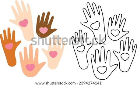 Many colored human hands with heart shape illustration