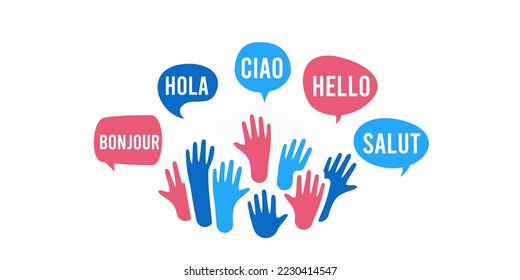 Many colored human hands up with speech bubble and words hello illustration