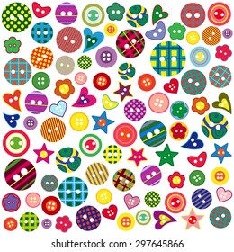 Many colored ornamental buttons of different shapes isolated on a white background, vector artwork