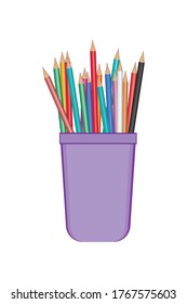Many colored pencils in a plastic stand on white background. Front view. Vector illustration. School and art concept. Pencils in purple stand.