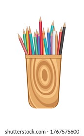 Many colored pencils in a wooden stand on white background. Front view. Vector illustration. School and art concept.