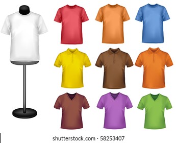 Many colored shirts with a mannequin. Photo-realistic vector illustration.