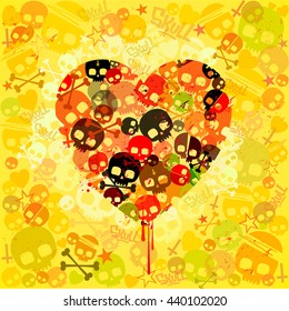 Many colored skulls with a heart of skulls in the center of the illustration