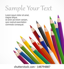 Many Colored Wooden Pencils & Text On White, Vector Illustration