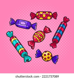 many colorful candies pinup pop art retro vector illustration. Comic book style imitation.