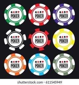 many colorful chip in different colors background illustration clean flat design isolated. casino play game & four shapes vector isolated like heart, club, diamond & spade and text poker. time to play