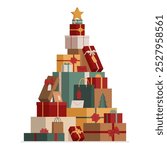 Many colorful Christmas gifts arranged in the shape of a Christmas tree, holidays and celebrations concept, isolated