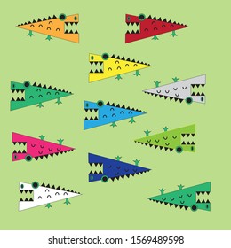 Many colorful crocodile cartoon images are randomly arranged, light green background