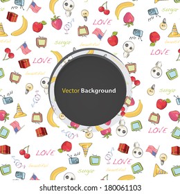 Many colorful elements in background with hole. Vector design. 