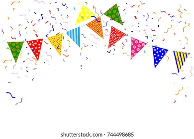 Many colorful falling colorful, flags and confetti ribbon isolated on white background. Vector Illustration