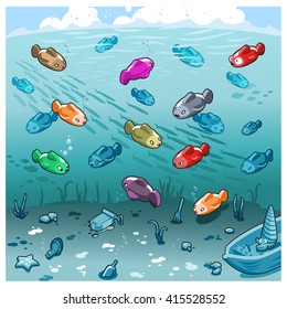 Many colorful fish swimming in the ocean, view down to the ground with sunken boat, starfish, hermit crab and some rubbish (isometric illustration)