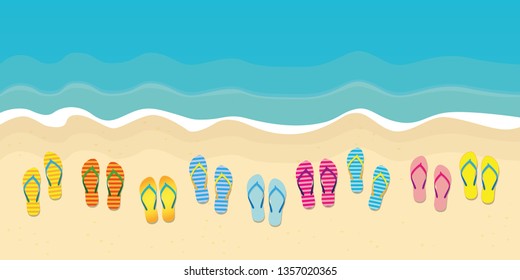 many colorful flip flops on the beach summer holiday design vector illustration EPS10