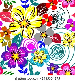 Many colorful flowers, hand drawn, seamless, on a light background. Designed for fabric, textiles, gift wrap.