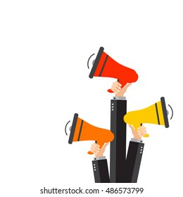 Many colorful Hands holding megaphone. Hiring template. Promotion and advertising in flat style. Digital marketing. Business concept. Vector illustration