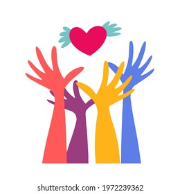 Many colorful hands release or catch a heart with wings. Volunteers hands up with heart emblem icon for education, health care, medical, volunteer, vote. 