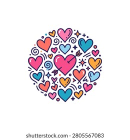 Many colorful hearts in a circle