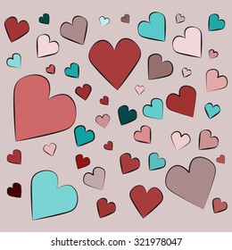 Many colorful hearts of different sizes pattern. Heart vector.
