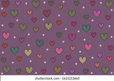 Many colorful of hearts and dots on purple background.