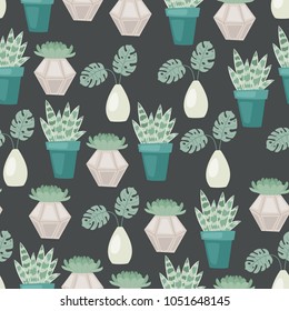 Many colorful house plants. Vector seamless pattern.