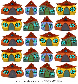 Many colorful houses with a funny convex shape. A row of houses with round windows, a wooden door and dark red tiles. Dwellings from a fairy tale are convex.