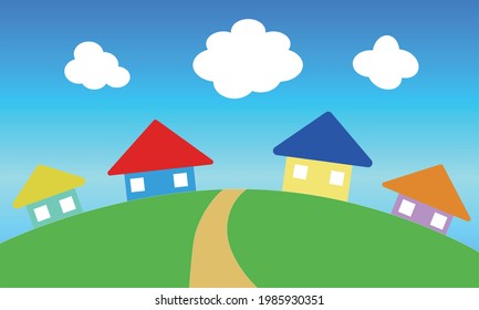 Many colorful houses on small hills under the blue sky