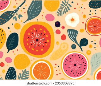 Many Colorful Leaves and Fruits on Colorful Background Vector, in the Style of Whimsical Florals, Simple Shapes,Julio Shimamoto, Whimsical Characters, Bold, Graphic Shapes, Flowing Brushwork