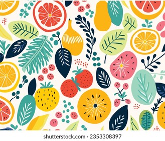 Many Colorful Leaves and Fruits on Colorful Background Vector, in the Style of Whimsical Florals, Simple Shapes,Julio Shimamoto, Whimsical Characters, Bold, Graphic Shapes, Flowing Brushwork