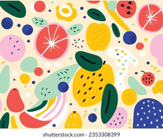 Many Colorful Leaves and Fruits on Colorful Background Vector, in the Style of Whimsical Florals, Simple Shapes,Julio Shimamoto, Whimsical Characters, Bold, Graphic Shapes, Flowing Brushwork