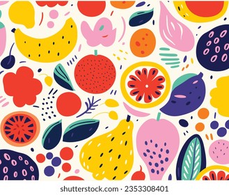 Many Colorful Leaves and Fruits on Colorful Background Vector, in the Style of Whimsical Florals, Simple Shapes,Julio Shimamoto, Whimsical Characters, Bold, Graphic Shapes, Flowing Brushwork