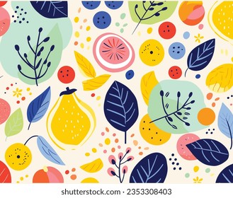 Many Colorful Leaves and Fruits on Colorful Background Vector, in the Style of Whimsical Florals, Simple Shapes,Julio Shimamoto, Whimsical Characters, Bold, Graphic Shapes, Flowing Brushwork