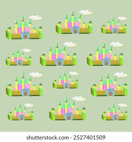 Many colorful painting of a castle pattern on light red background

