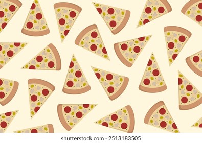 Many colorful pizzas vector background.