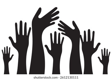 Many colorful Raising hands white background. Raised hands silhouette isolated on white background. Hands up illustration.
