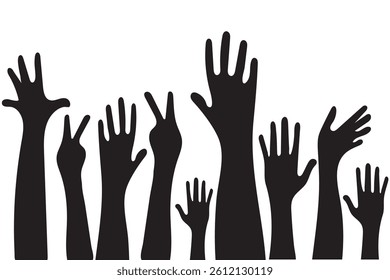 Many colorful Raising hands white background. Raised hands silhouette isolated on white background. Hands up illustration.