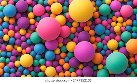 Many colorful random bright soft balls background. Huge pile of colorful balls in different sizes. Colorful balls background for kids zone or children's playroom. Vector background