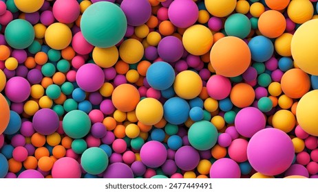 Many colorful random bright soft balls background. Colorful balls background for kids zone or children's playroom. Huge pile of colorful balls in different sizes. Vector background