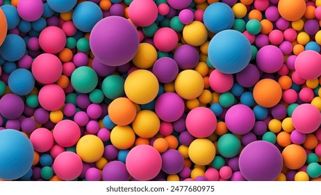 Many colorful random bright soft balls background. Colorful balls background for kids zone or children's playroom. Huge pile of colorful balls in different sizes. Vector background