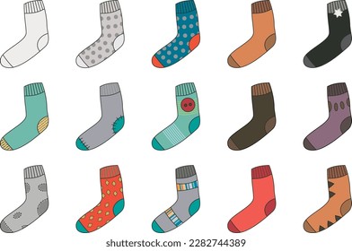 Many colorful socks as vector graphics and clip arts.