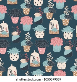 Many colorful succulents in flower pots. Vector seamless pattern.