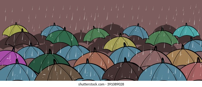 Many Colorful Umbrellas Concept Copy Space On Brown Background