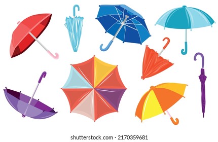 Many colorful umbrellas on white background