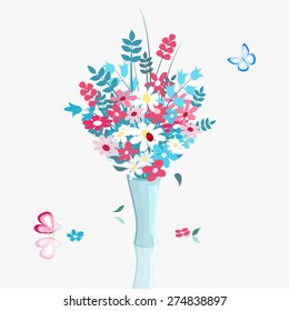 many colorful wild flowers in blue vase and butterfly on light background, vector illustration