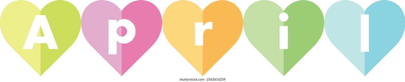 many colors heart shape with word april white color, isolated on white background.
