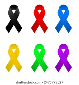 Many colors of ribbon, rest in peace ribbon, black ribbon, red, blue, yellow, green, purple ribbon on white background 