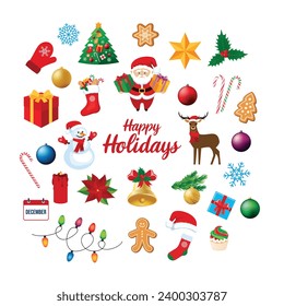 Many colourful Christmas icon set vector isolated on a white background. Christmas cartoon icons vector illustration. Big collection of christmas symbols graphic design element. Happy Holidays text