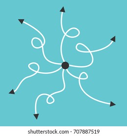 Many complicated curved paths with arrow tips going from centre. Confusion, choice, challenge, decision and problem concept. Flat design. EPS 8 vector illustration, no transparency, no gradients