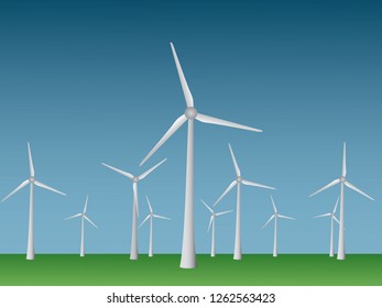Many cool modern windmills vector to generate electricity from wind in open field and sky for renewable energy industry illustration