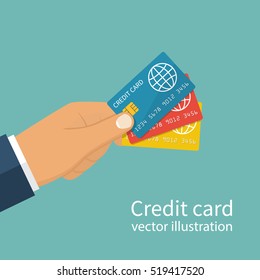 Many credit cards holding in hand. Vector illustration, flat design style. Isolated on background. Plastic credit card for payment.