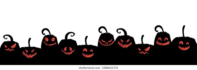 Many creepy Halloween pumpkins on white background